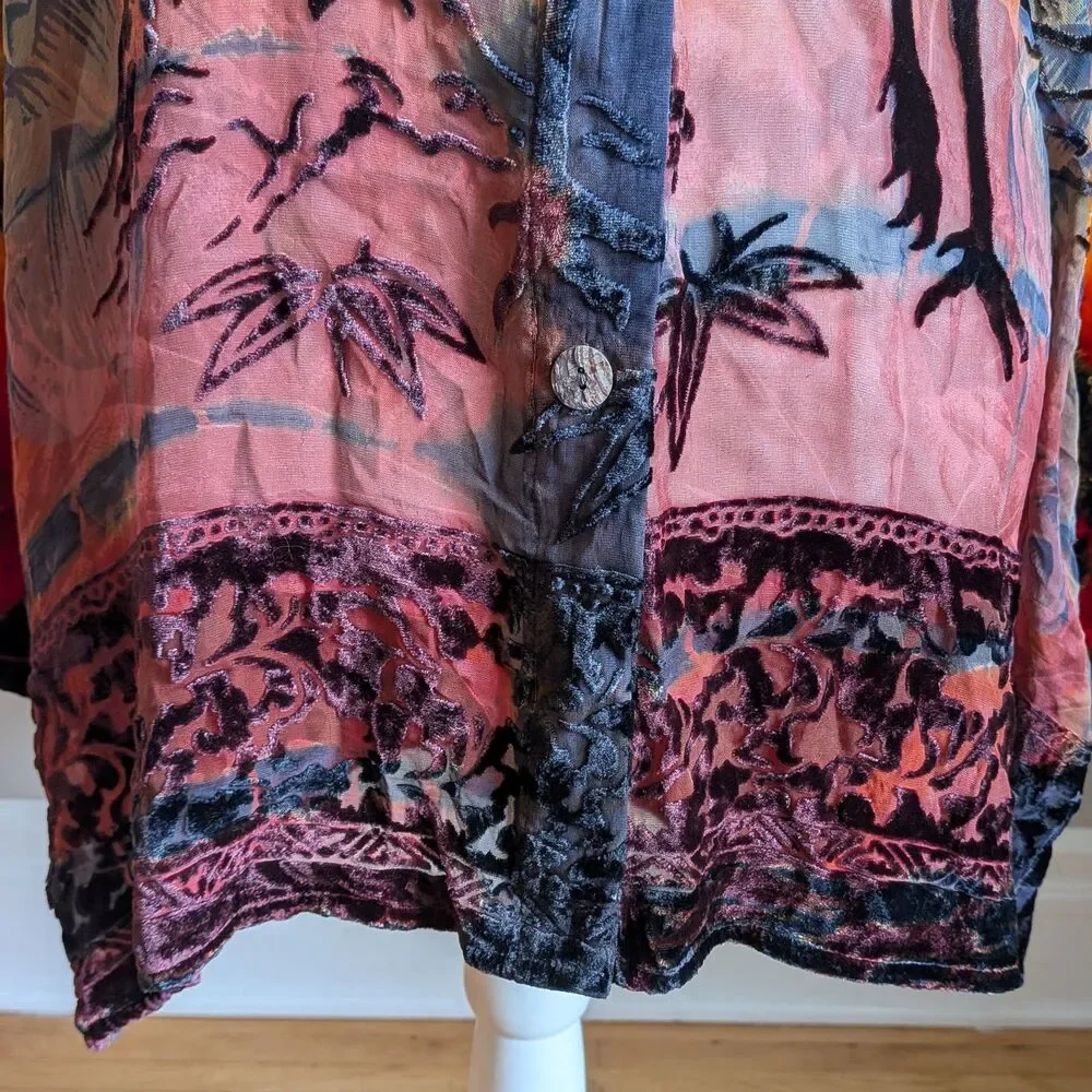 Vintage Y2K Citron Velvet Burnout Top Button Front Tie Dye Whimsygoth Size XL
